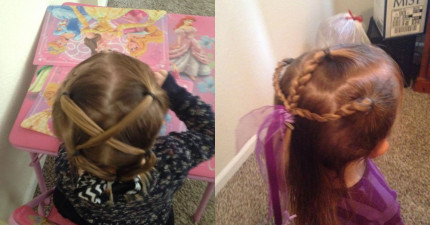 爸爸幫女兒綁頭髮